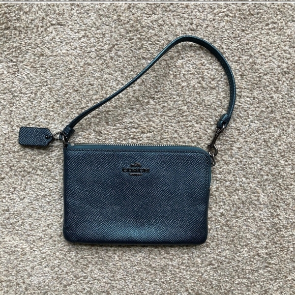 SOLD Coach Metallic Teal Glitter Crossgrain Leather Wristlet Peacock Saffiano - Picture 4 of 6